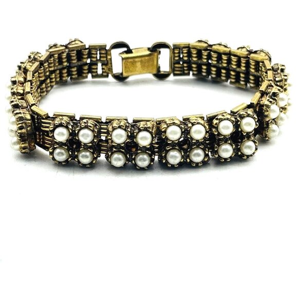 Square Panel Bracelet Simulated Pearls Antiqued Gold Tone Classic Career Cosplay - Picture 1 of 8